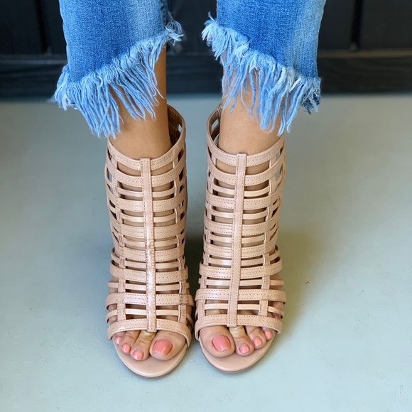 Genuine Leather Distressed Caged Strappy Sandal - Picture 2 of 4